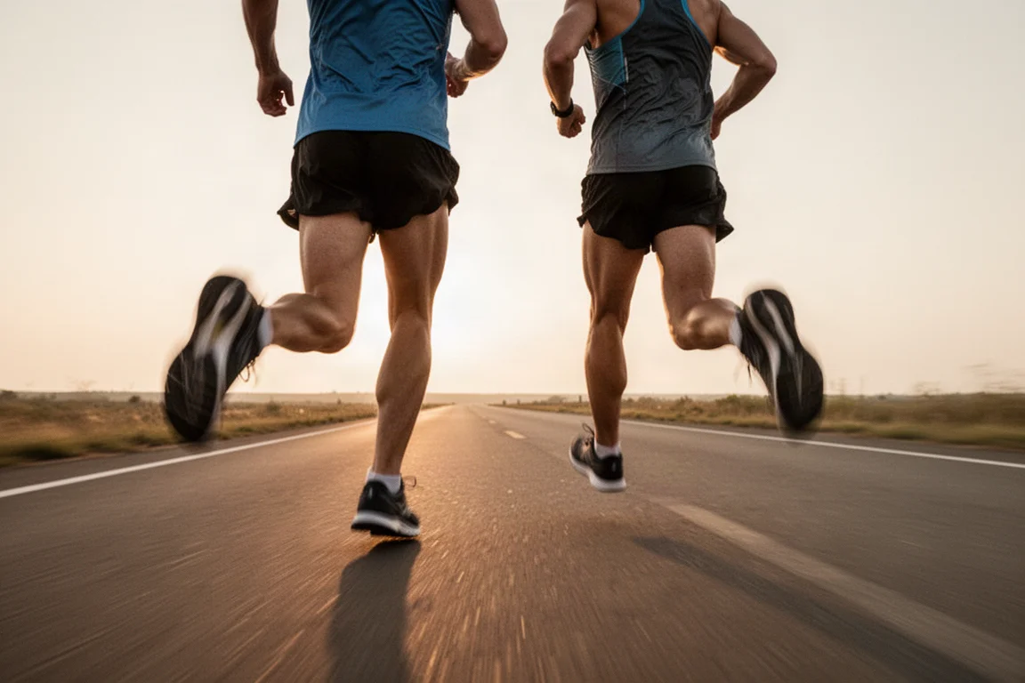 Runners moving at pace on an open road during a tempo run