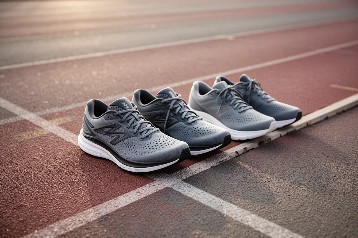 Three running shoes lined up together on a track edge