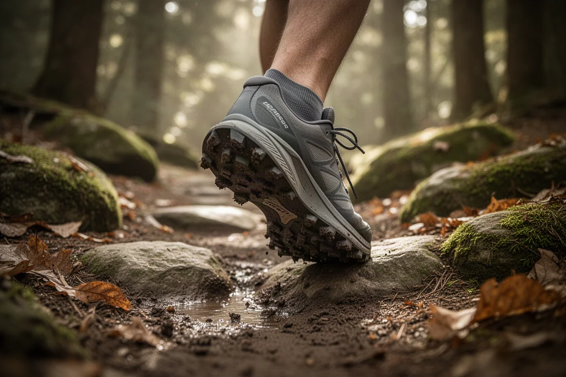 Eén trailschoen die een rotsachtig, modderig bospad betreedt