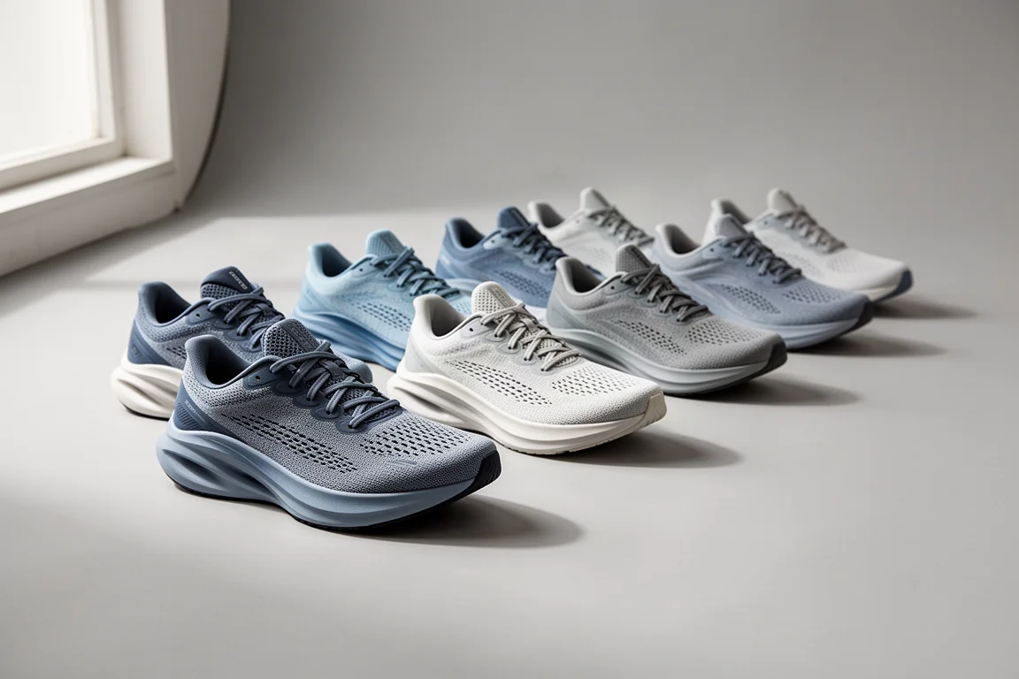 Lineup of seven affordable running shoes on a grey studio floor