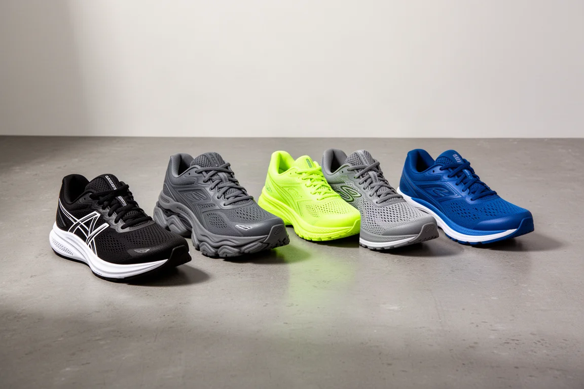 Cinque scarpe da running economiche allineate su un pavimento di cemento grigio