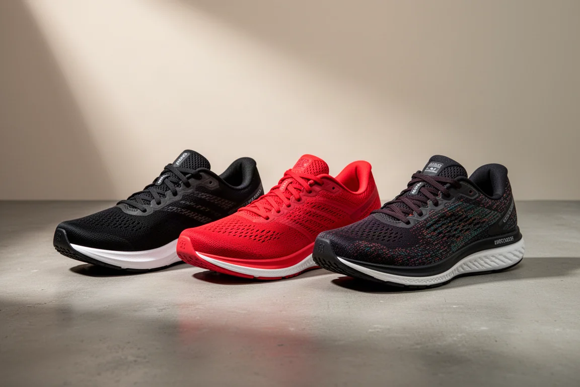 Three running shoes side by side on a concrete surface
