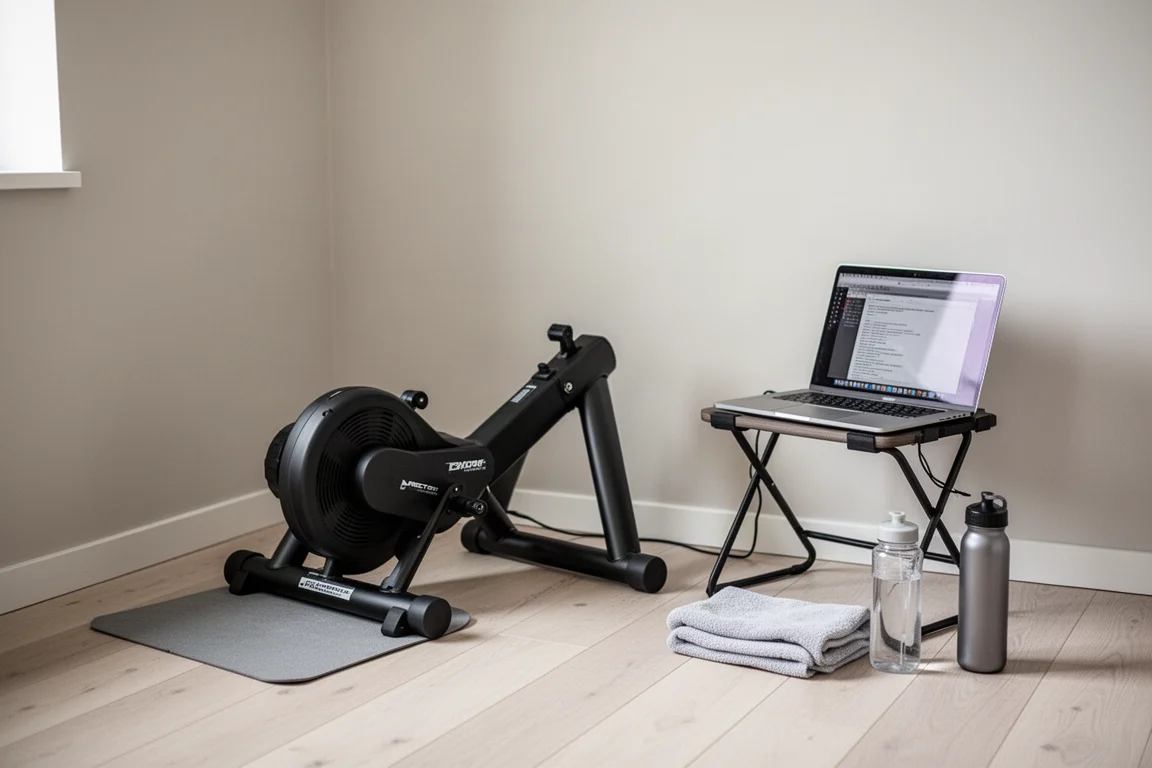Kompakt smart trainer uppställd i ett hörn av en liten lägenhet med en laptop på ett ställ