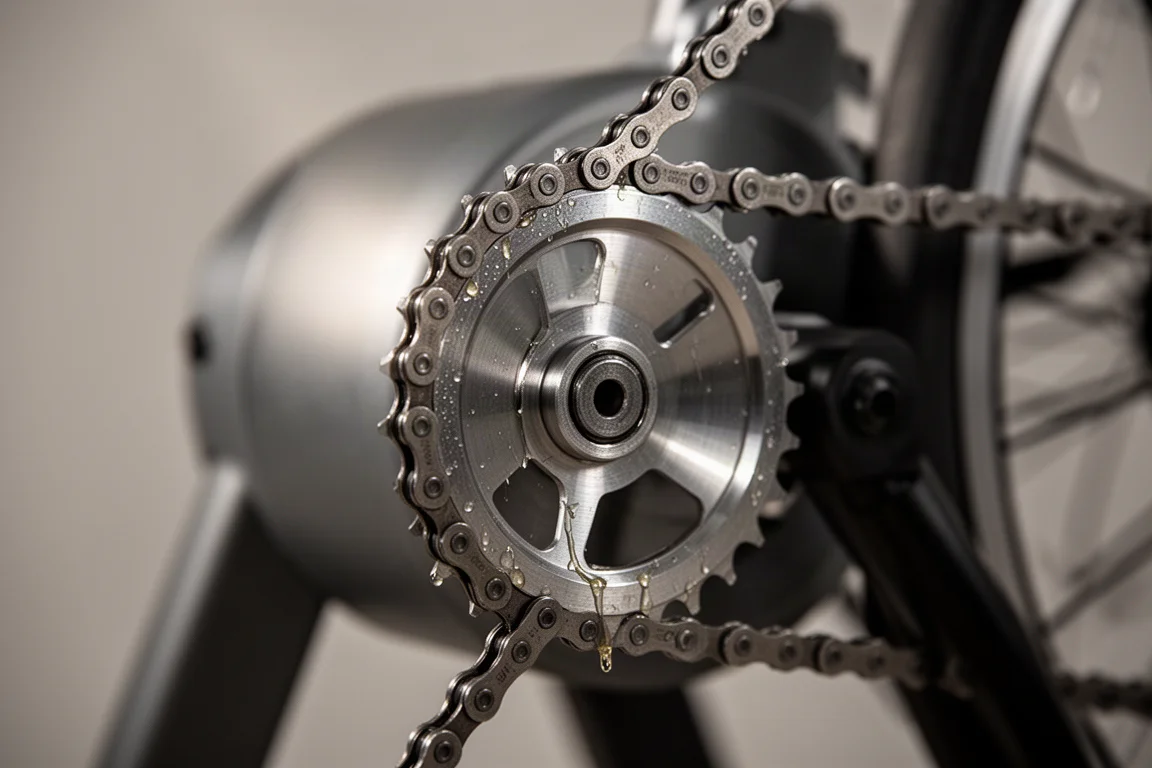 Närbild på en cykelkedja som löper över ett enda drev på en direktdriven trainer