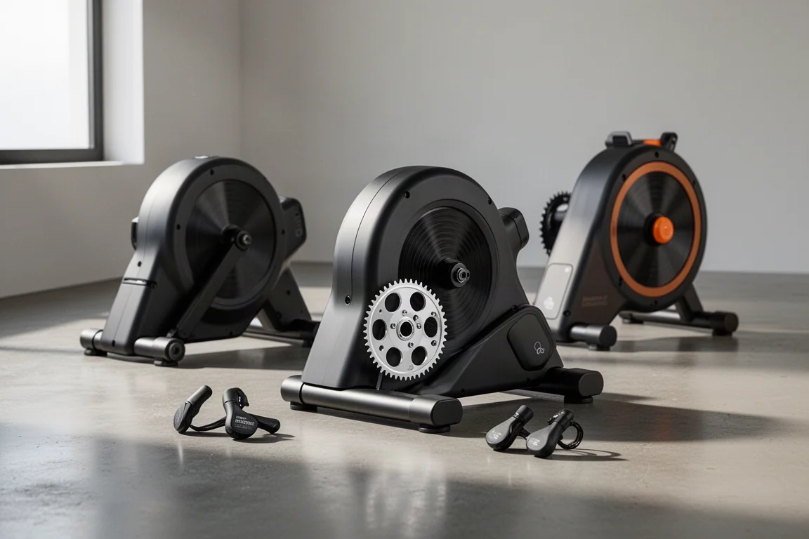 Three direct drive smart indoor trainers on a polished concrete floor in a bright minimalist room