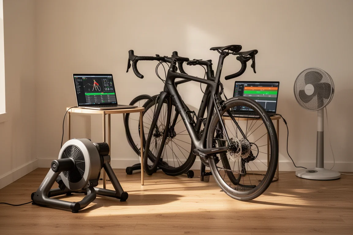 Indoor-Cycling-Setup mit smartem Trainer, Bike und Laptop