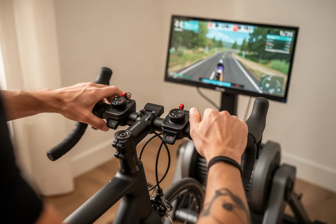 Radfahrer nutzt virtuelles Schalten auf einem Indoor-Trainer