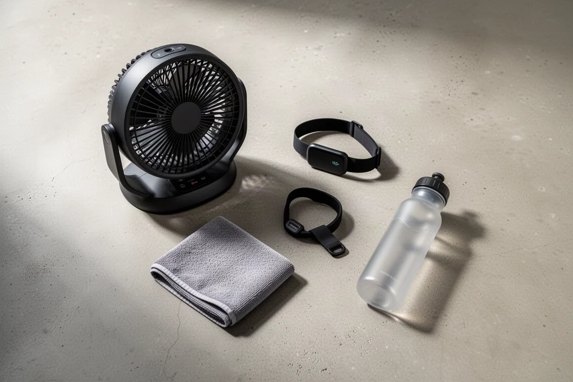 Indoor-Cycling-Essentials mit Ventilator, Handtuch und Herzfrequenzgurt