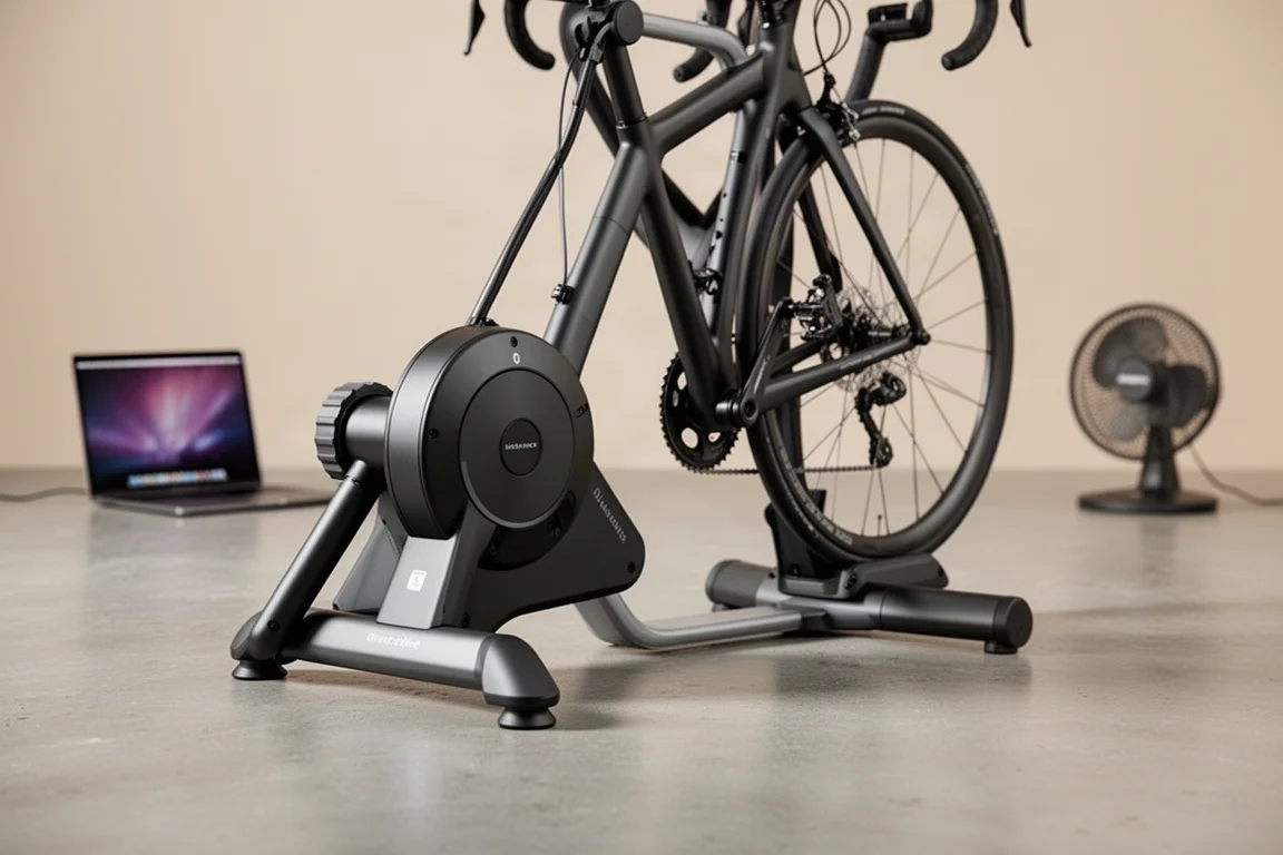 Smart indoor bike trainer with a road bike mounted, laptop and fan in background