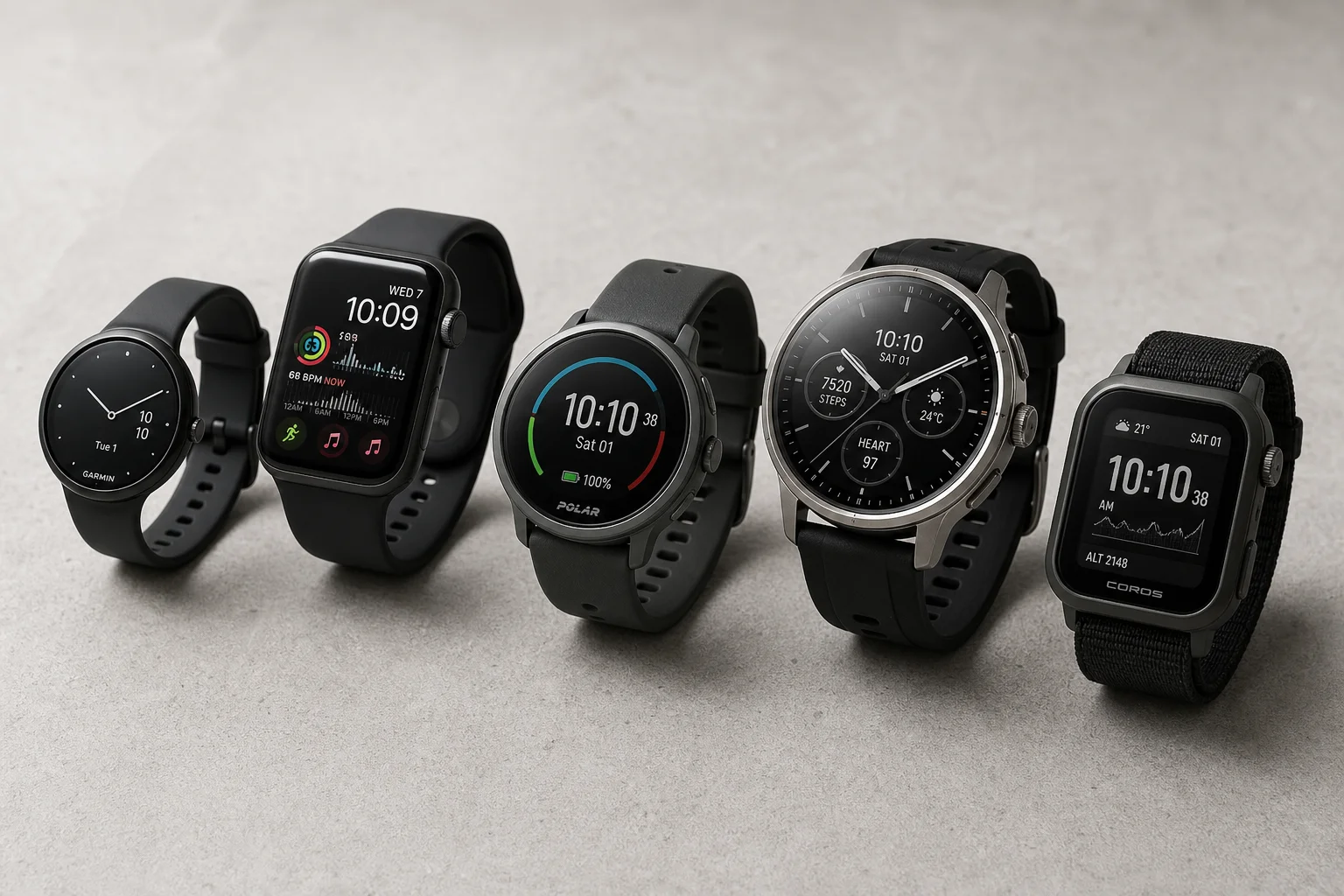 Cinco smartwatches económicos dispuestos sobre hormigón mostrando variedad de diseños y tipos de pantalla