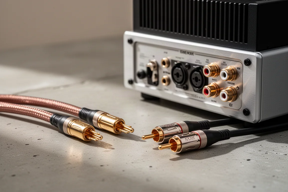 Bananpluggar och RCA-kablar bredvid baksidan av en kompakt förstärkare