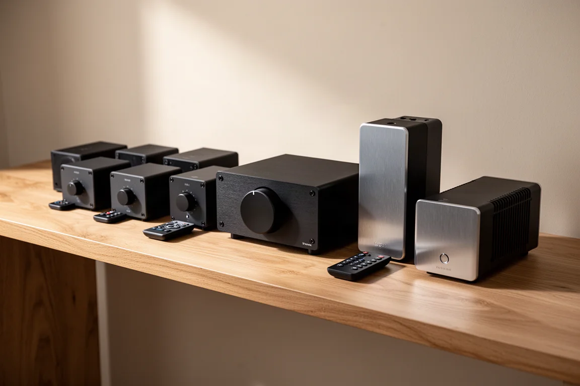 Row of seven compact speaker amplifiers and remote controls on a light oak shelf