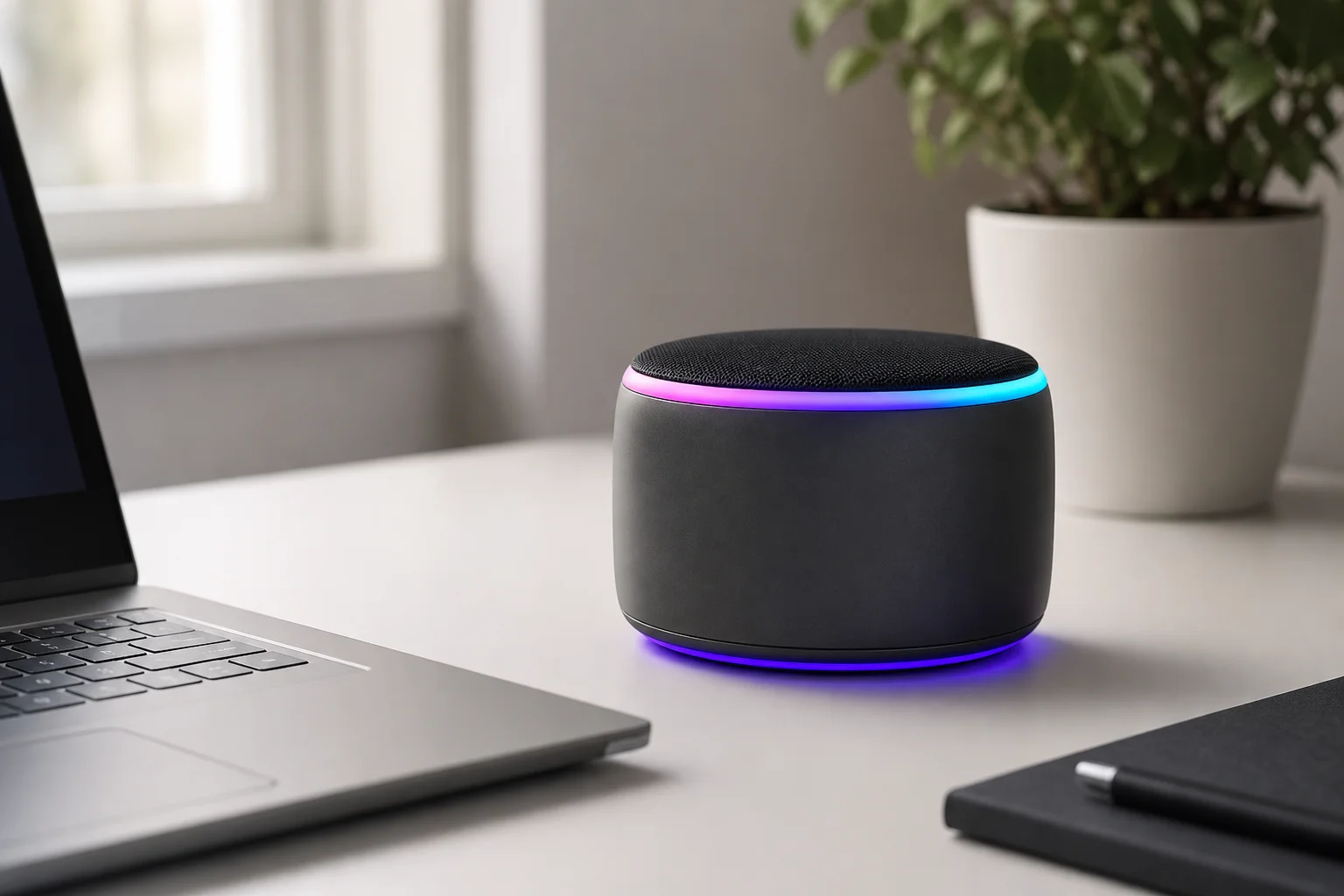 Altavoz USB compacto con iluminación RGB en un escritorio de trabajo