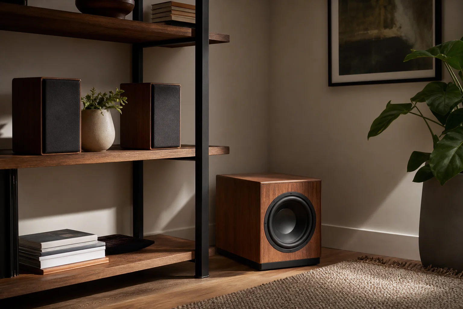 Subwoofer de madera y altavoces satélite dispuestos en la esquina de una sala de estar