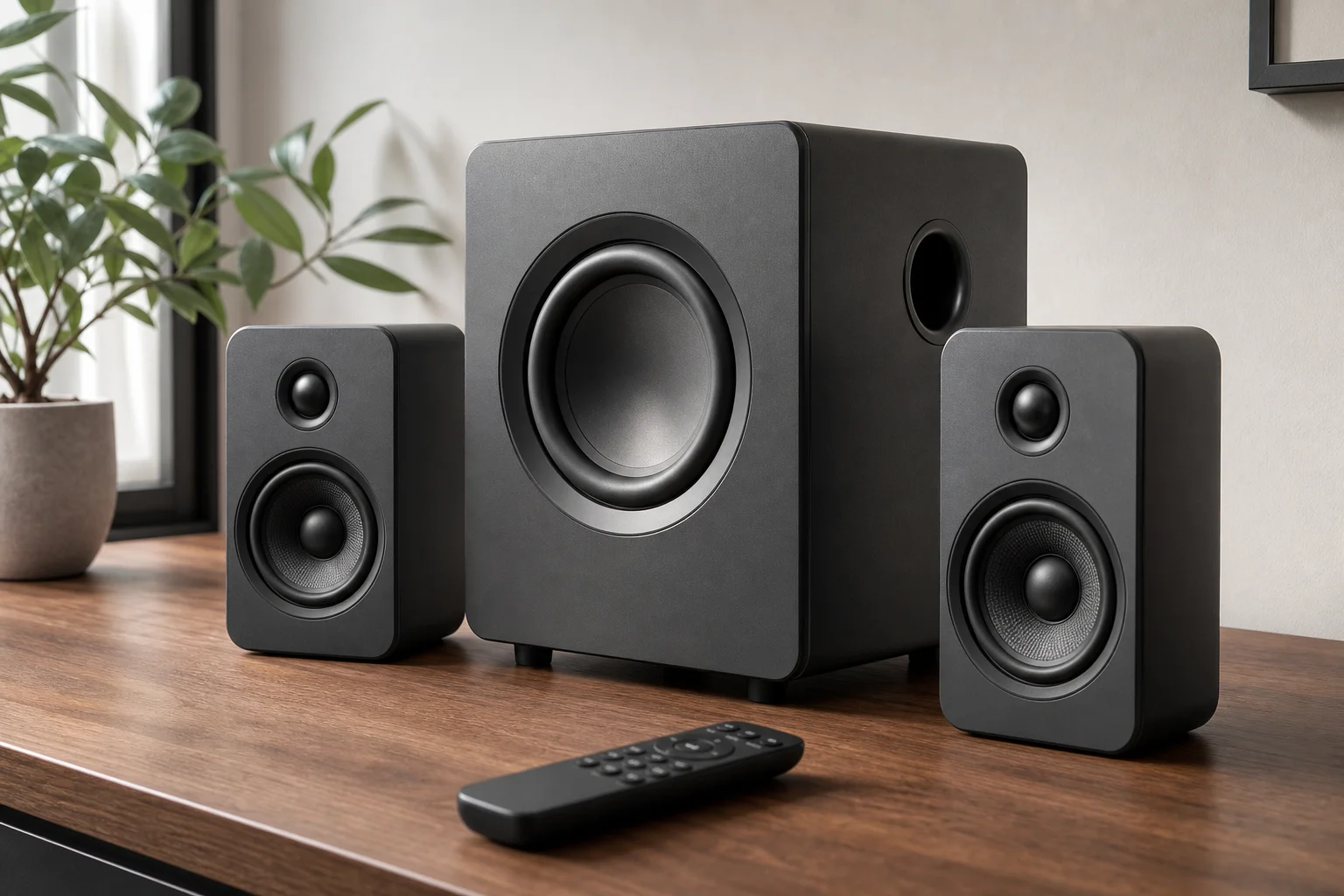 Sistema de altavoces premium con mando a distancia sobre la superficie de un escritorio