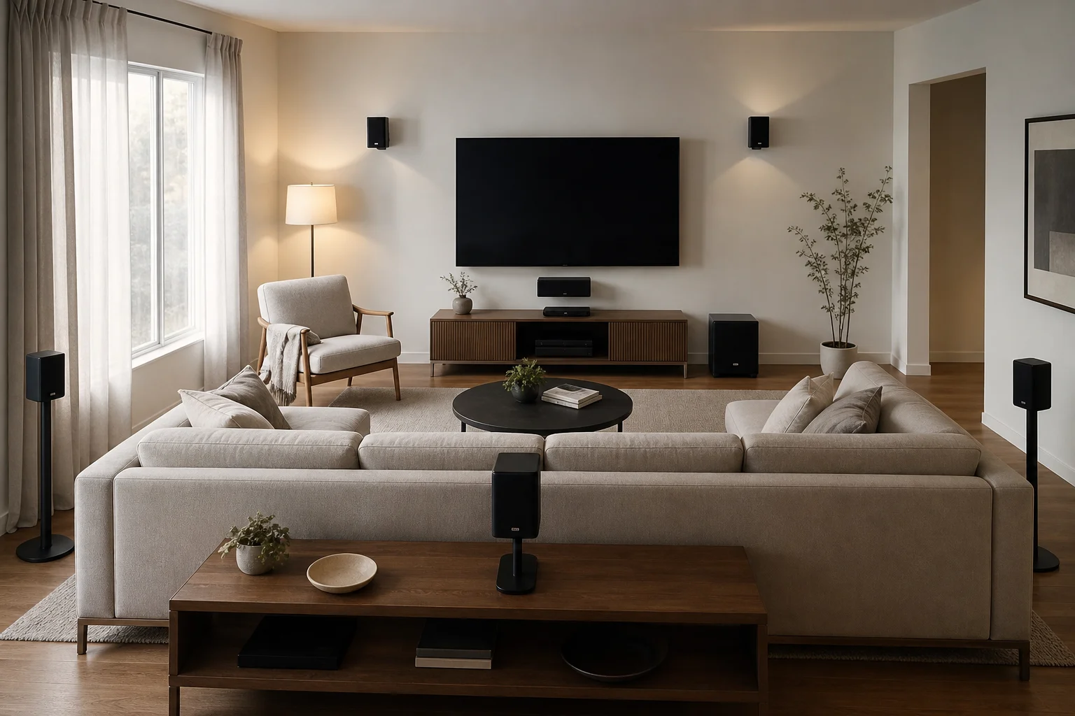 Múltiples altavoces satélite colocados alrededor de una habitación para sonido envolvente