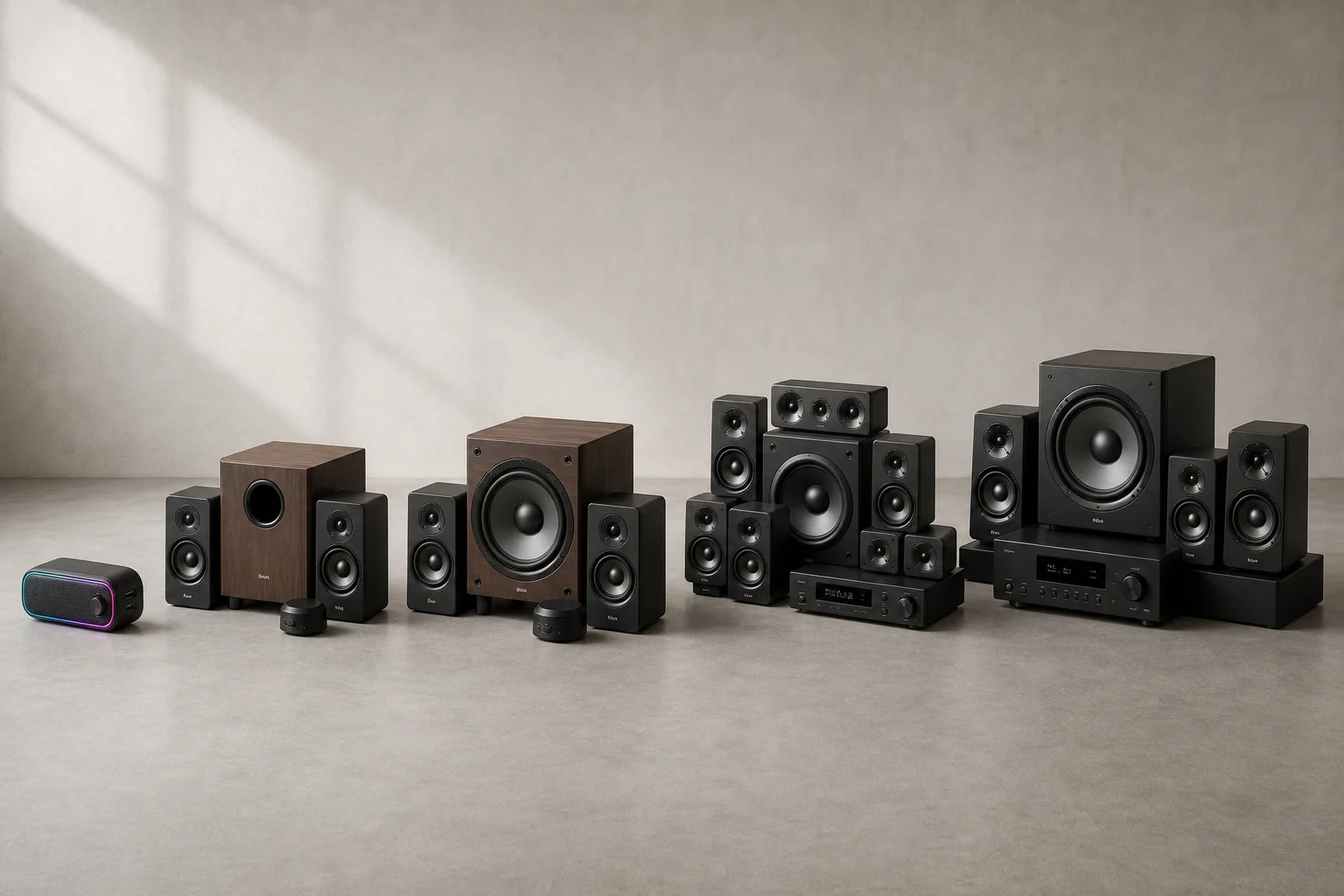 Five speaker systems arranged by size from compact to premium on concrete surface