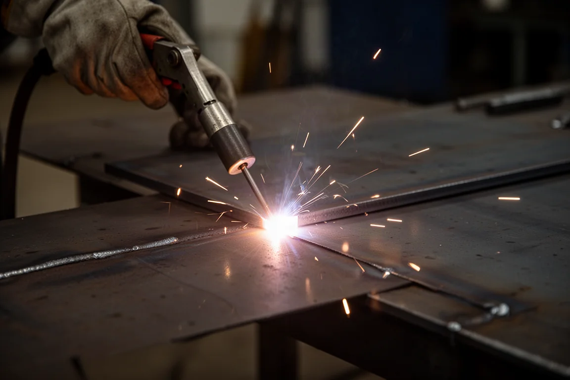 Stick welding in progress with sparks and glowing bead on steel plate