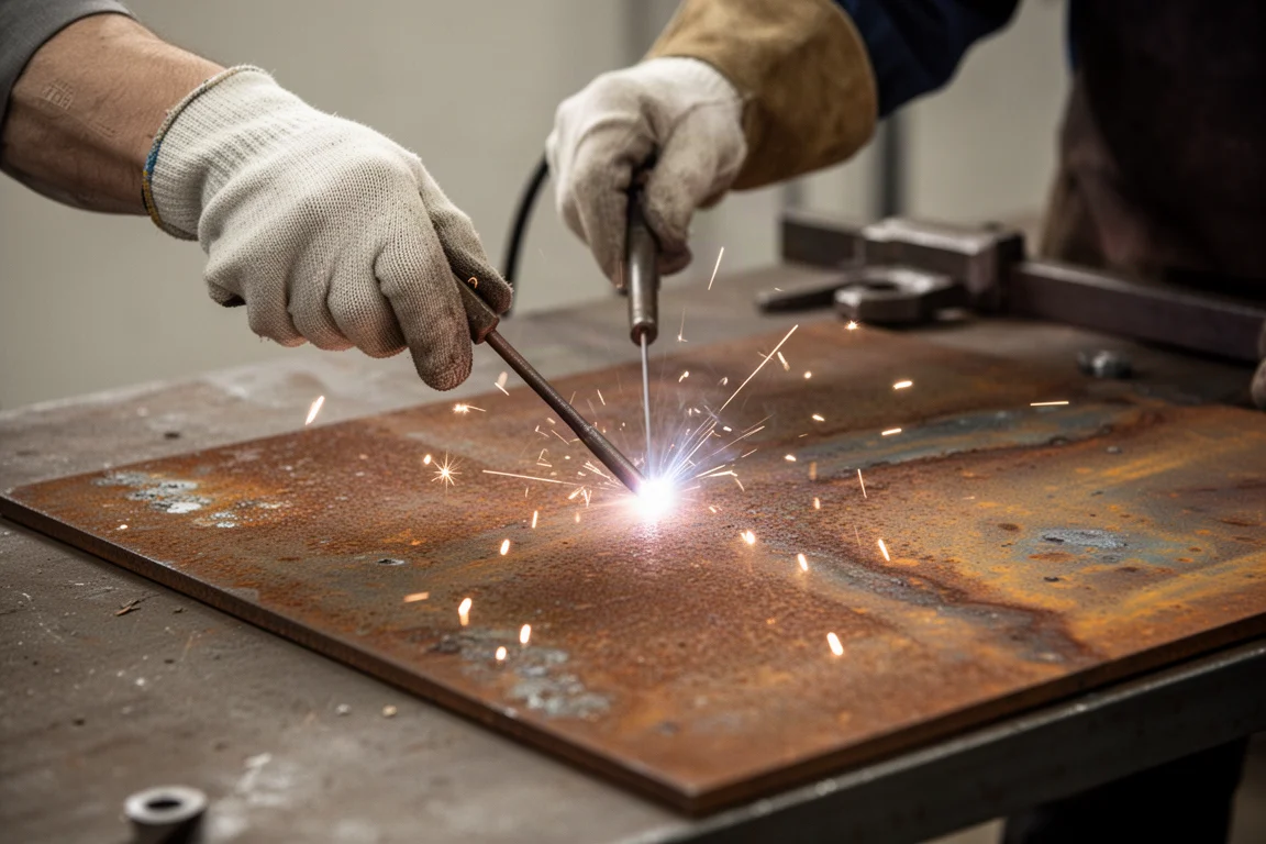 Welder striking an arc on rusty steel with sparks flying
