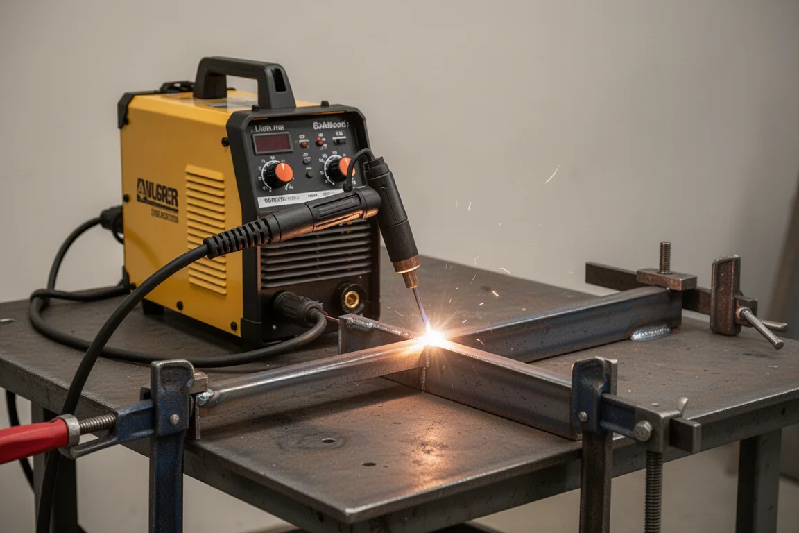 Stick welder running a long bead with clamped workpiece on welding table
