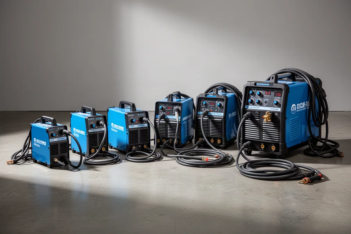 Sept soudeuses à l'électrode de tailles différentes alignées sur le béton d'un atelier