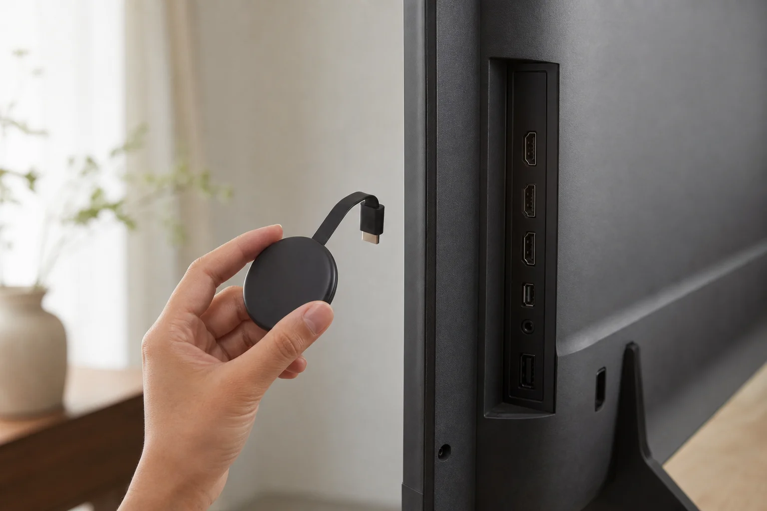 Una persona che tiene in mano un dongle di streaming compatto accanto alla porta HDMI di un televisore