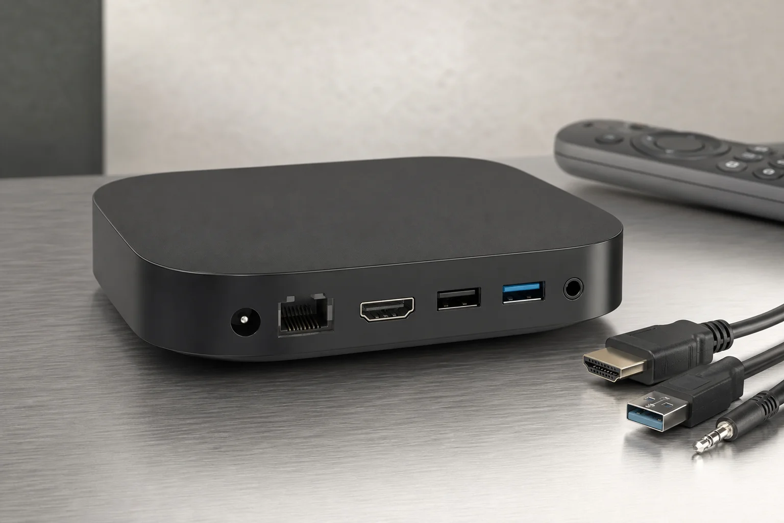 Dispositivo di streaming con porte USB e jack audio su una scrivania con cavi