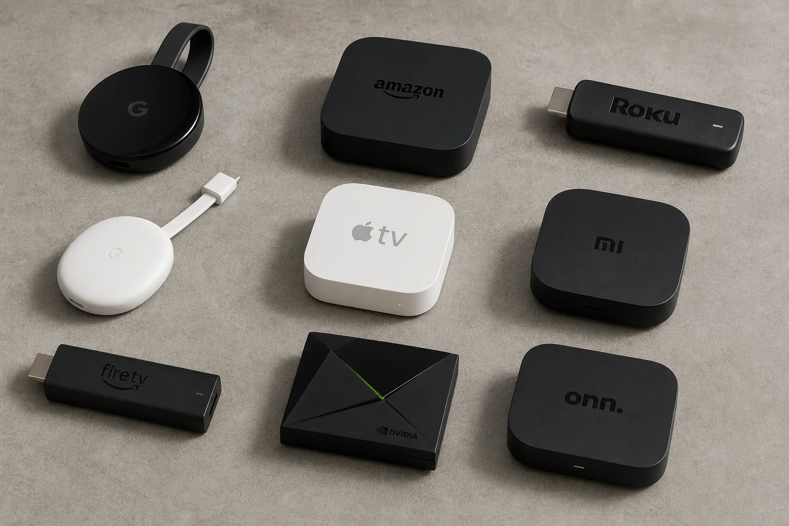 Nine streaming devices arranged on concrete surface including Google Chromecast, Amazon Fire TV, and other brands