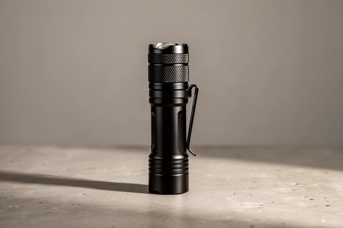 Compact tactical flashlight standing on a concrete surface in soft window light