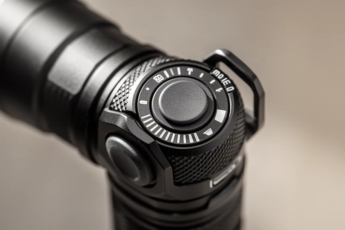 Close-up of a rotary mode-selection switch on a flashlight tail cap