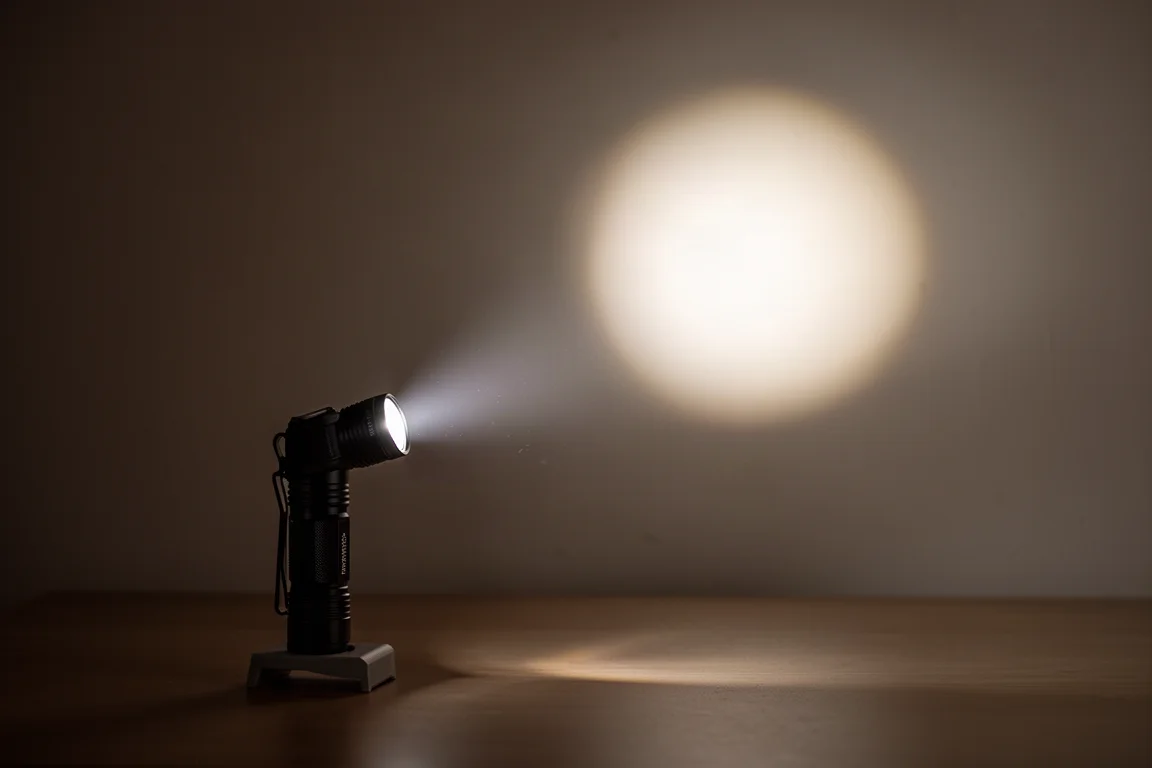 Tactical flashlight beam concentrated into a bright hotspot on a distant wall