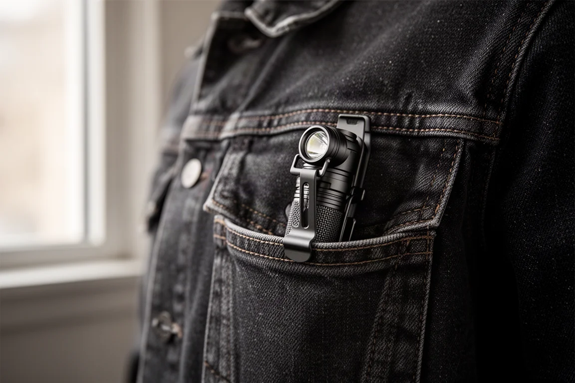 Tactical flashlight clipped inside a jacket pocket during everyday carry