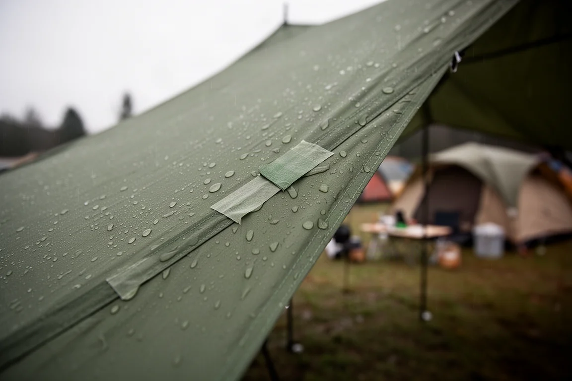 Pioggia che forma gocce sul telo esterno verde teso di una tenda con una cucitura nastrata visibile