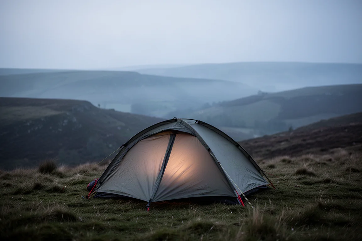 Piccola tenda da backpacking montata su un pendio nebbioso al crepuscolo
