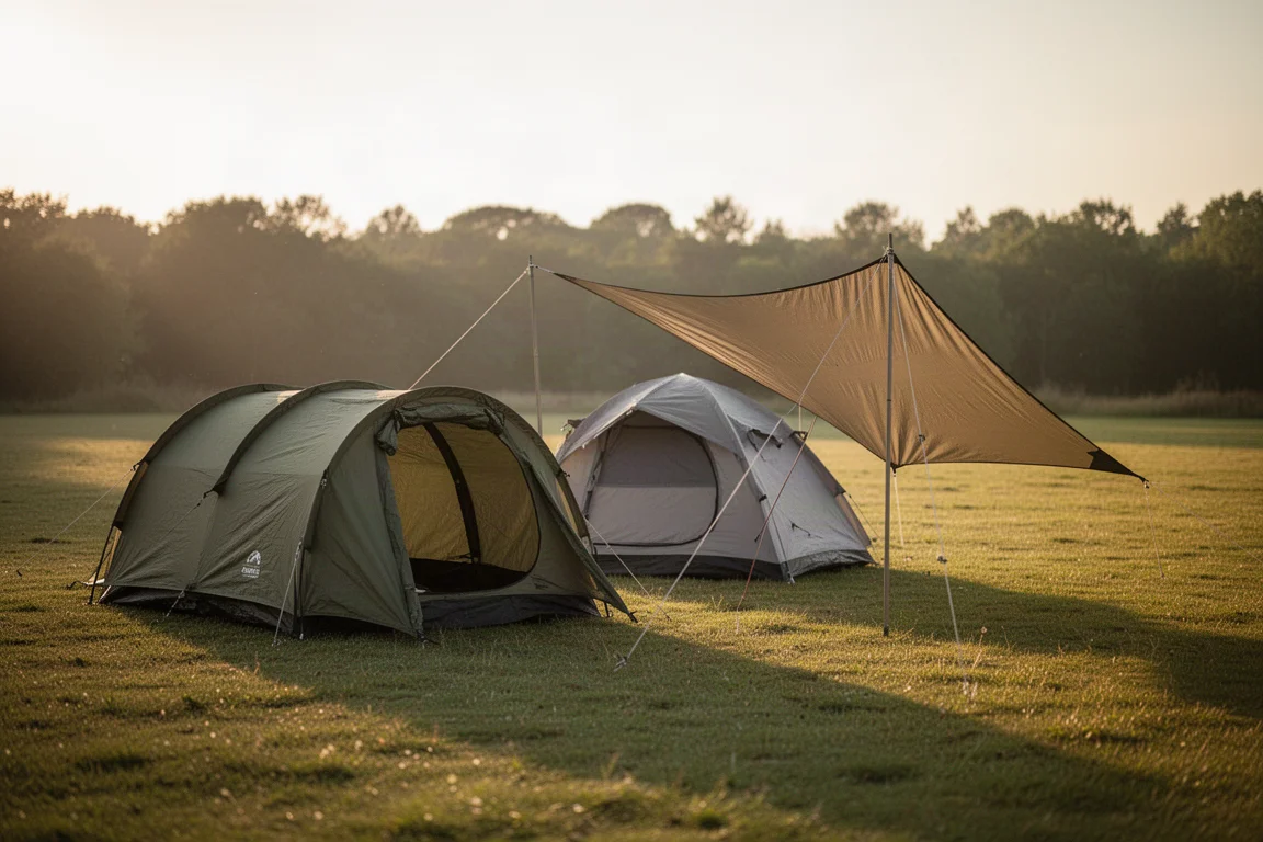 Trois tentes de camping compactes montées sur un terrain herbeux à l'heure dorée