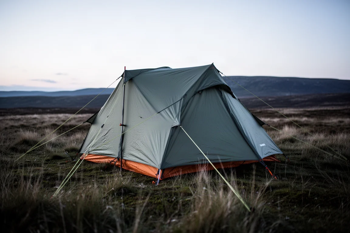 Tenda da escursionismo montata su brughiera aperta al crepuscolo con l'erba piegata dal vento