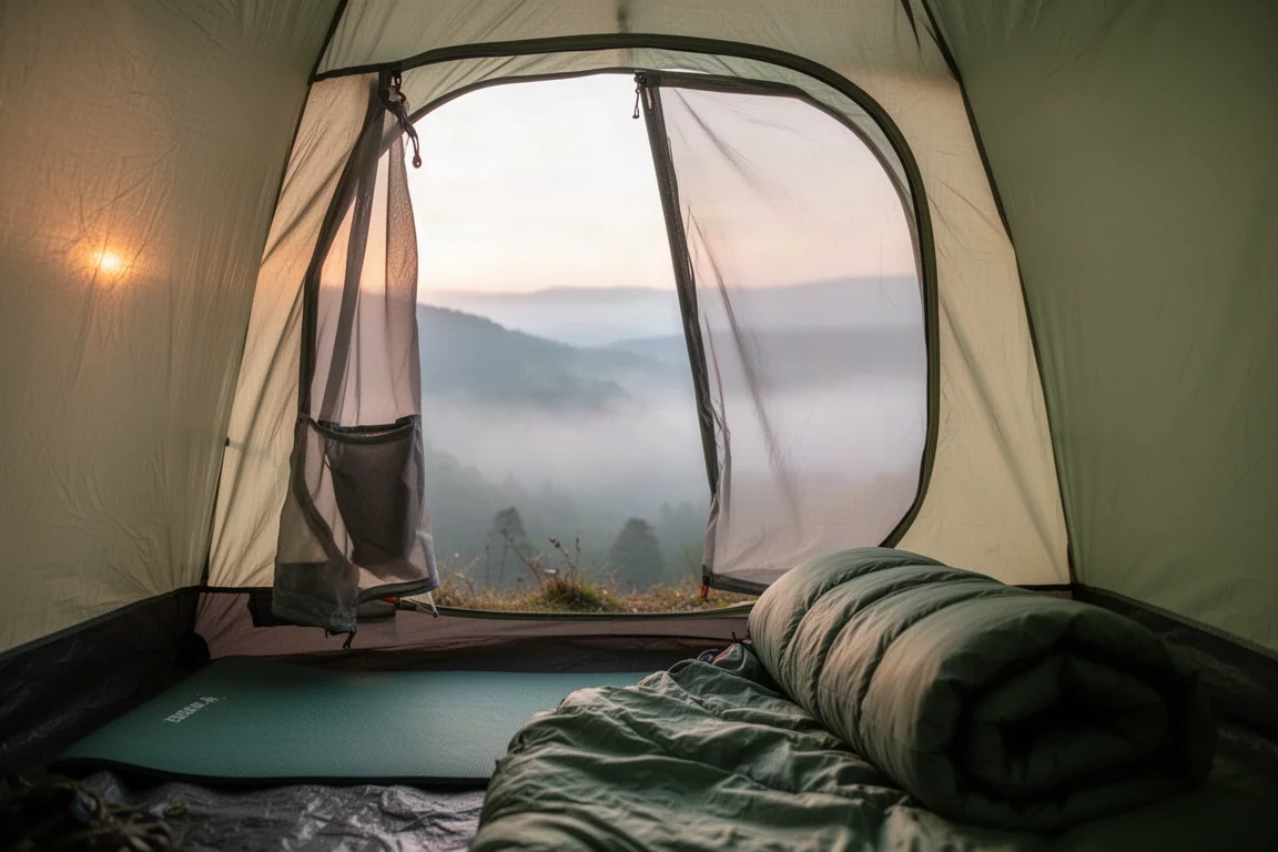 Vista dall'interno di una tenda piccola alla prima luce verso una valle nebbiosa