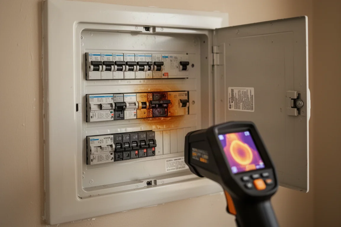 Pantalla de cámara térmica mostrando un disyuntor caliente dentro de un panel eléctrico