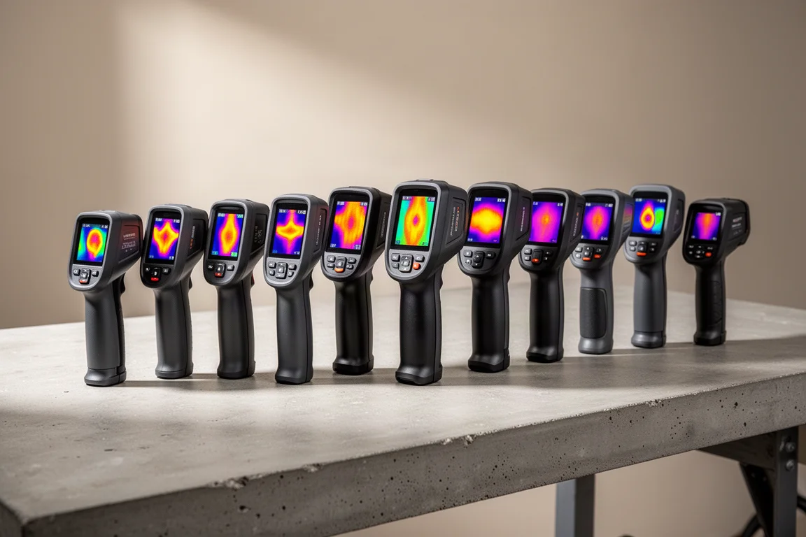 Row of twelve handheld thermal imaging cameras on a concrete workbench