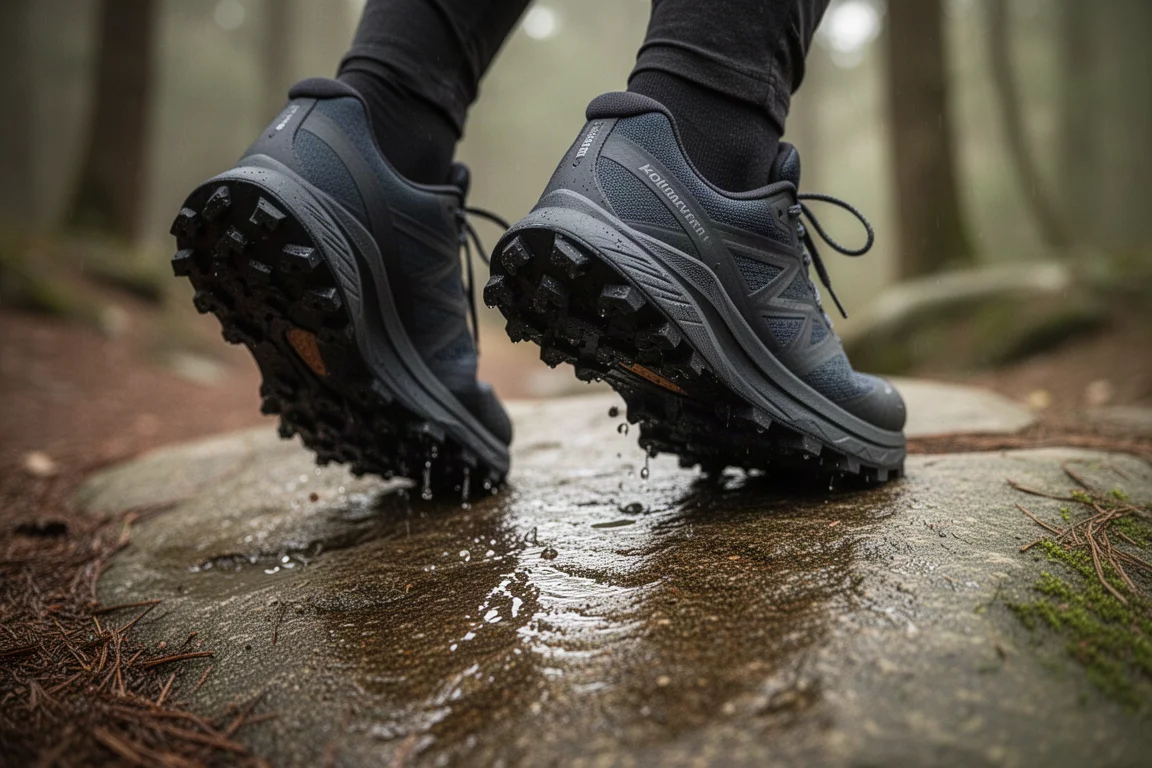 Scarpe da trail running con tasselli pronunciati su un tratto di sentiero bagnato e roccioso