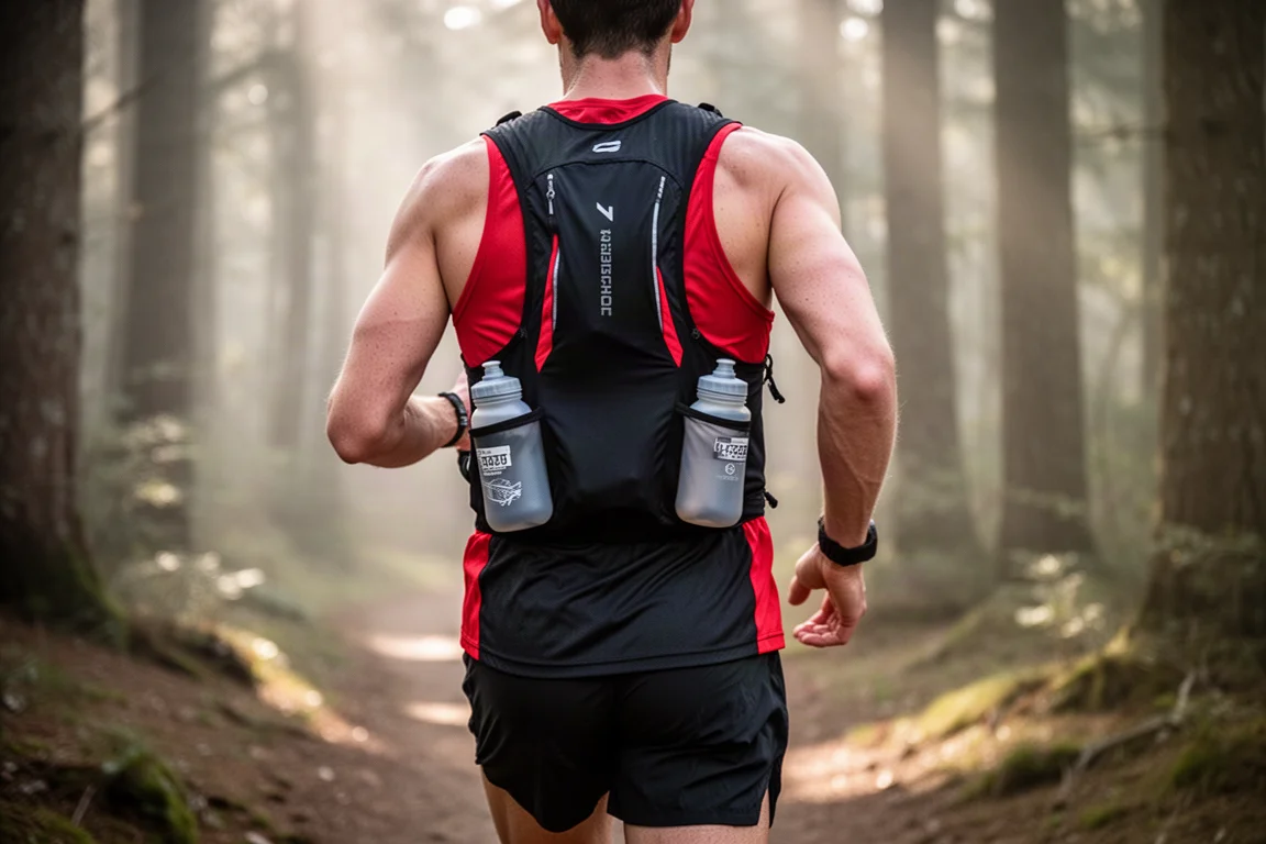 Runner che indossa una race vest leggera con soft flask su un sentiero nel bosco