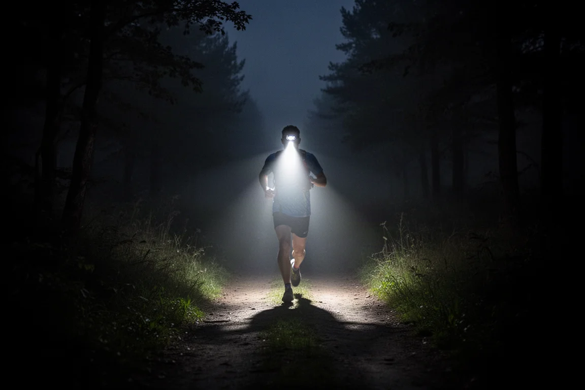 Fascio di luce di una torcia frontale che taglia il buio durante una corsa notturna sul sentiero