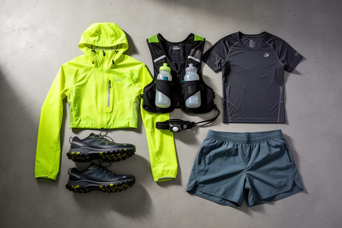 Flat-lay of budget trail running gear including jacket, shoes, race vest, head torch, tee and shorts on concrete