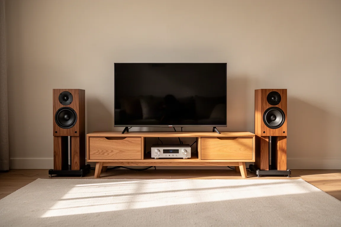 Diffusori da scaffale compatti e un amplificatore sottile su un mobile TV in legno in un soggiorno