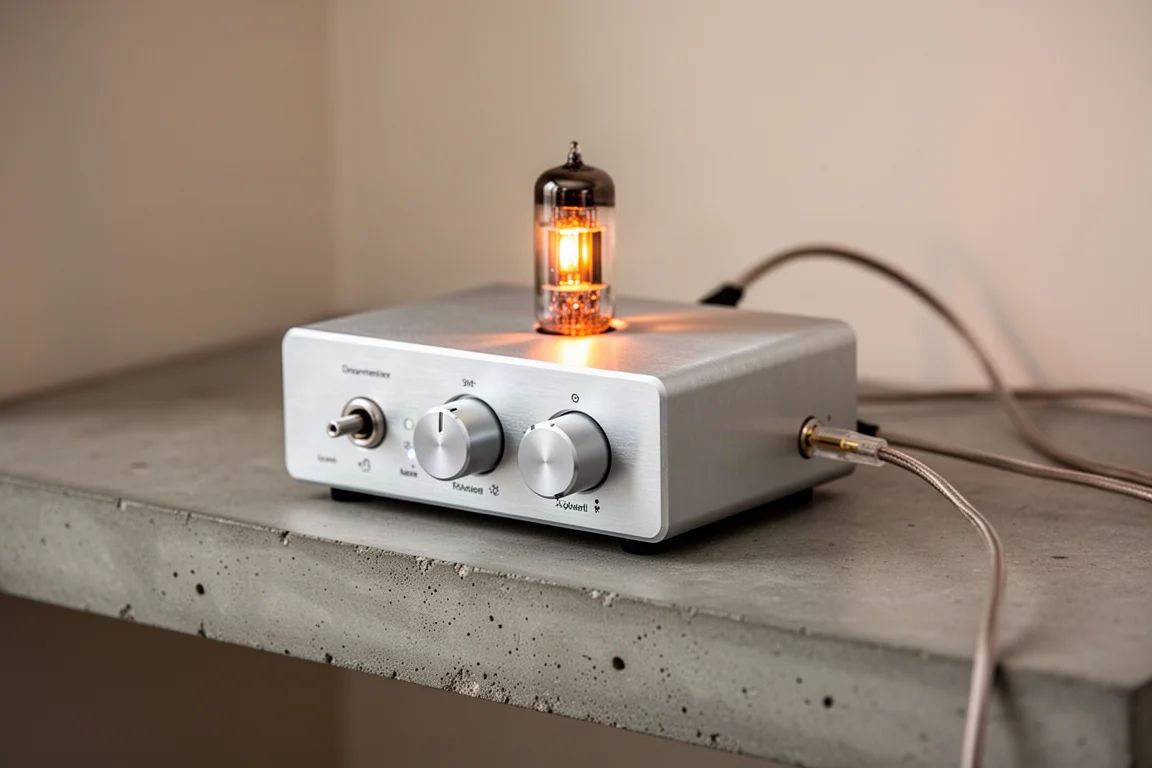 Primo piano di un piccolo amplificatore da scrivania con una valvola termoionica accesa e cavo ottico collegato
