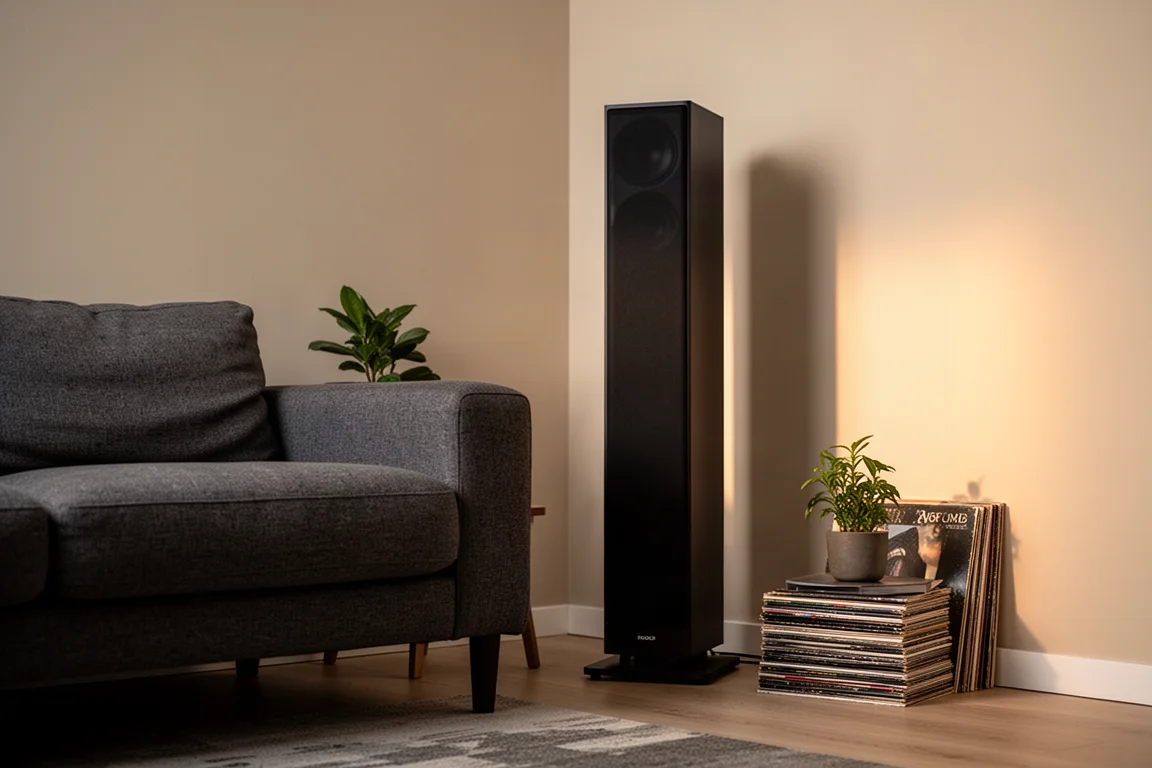 Subwoofer alto e stretto in piedi nell'angolo di un soggiorno accanto a un divano