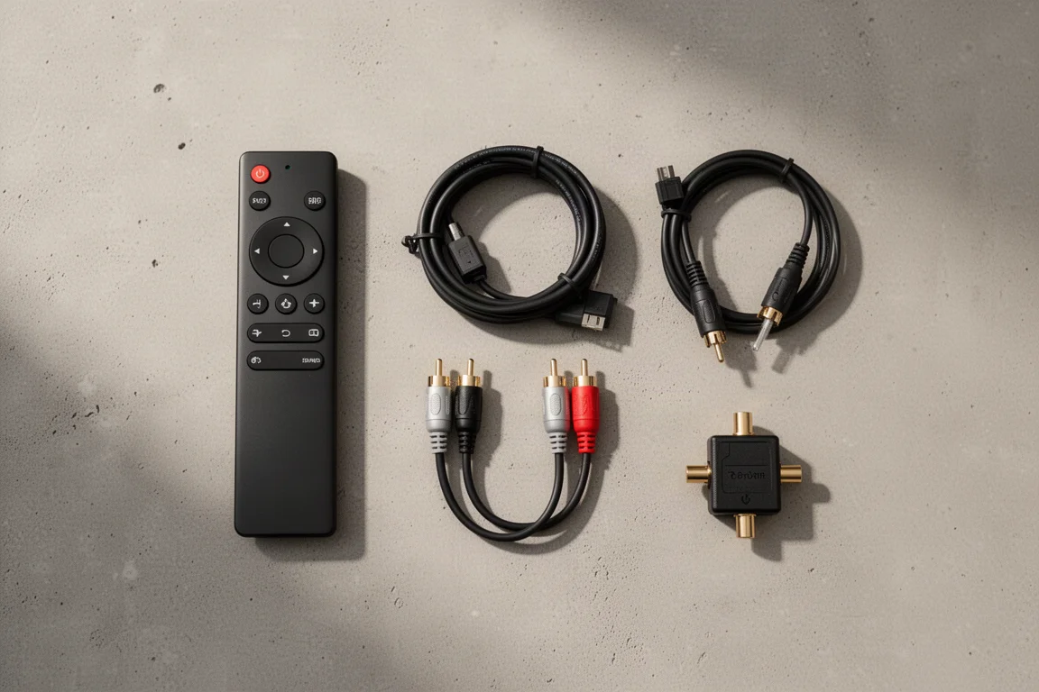 Vista dall'alto di cavi audio, un telecomando e uno sdoppiatore RCA su cemento