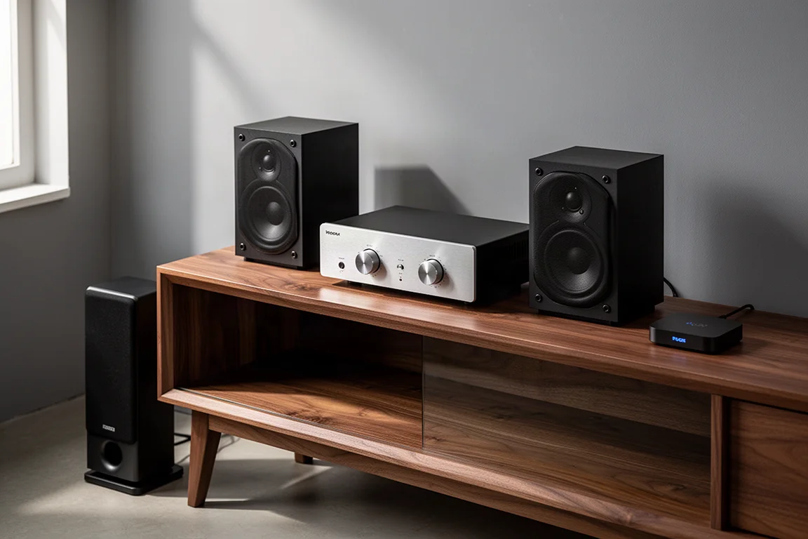 Compact two-channel hi-fi system with bookshelf speakers, amplifier, subwoofer, and streamer on a media console
