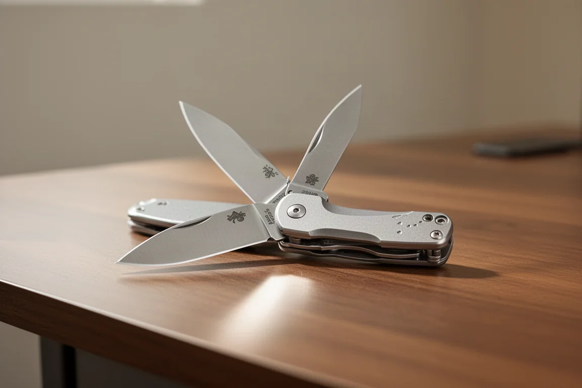 Un coltello pieghevole da tasca parzialmente aperto su una scrivania in legno