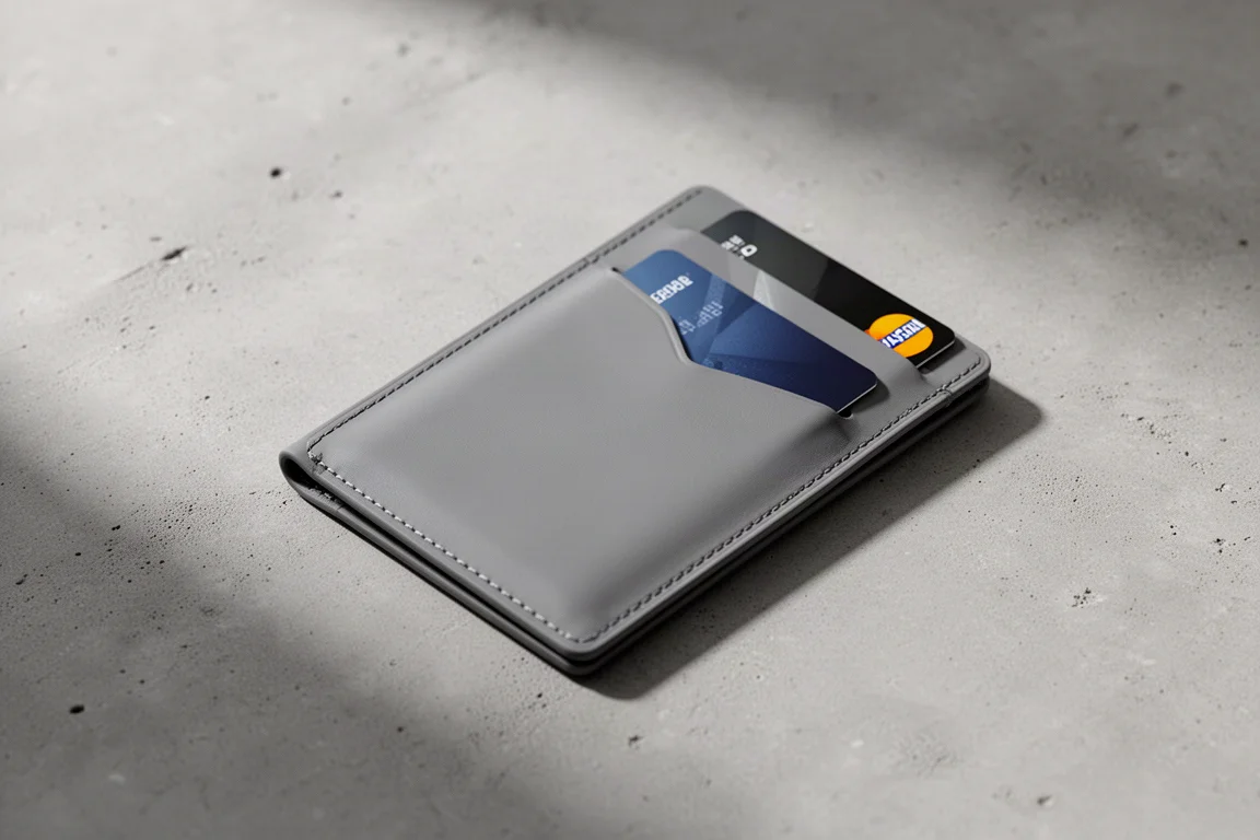 Portafoglio minimalista sottile con alcune carte infilate nelle fessure